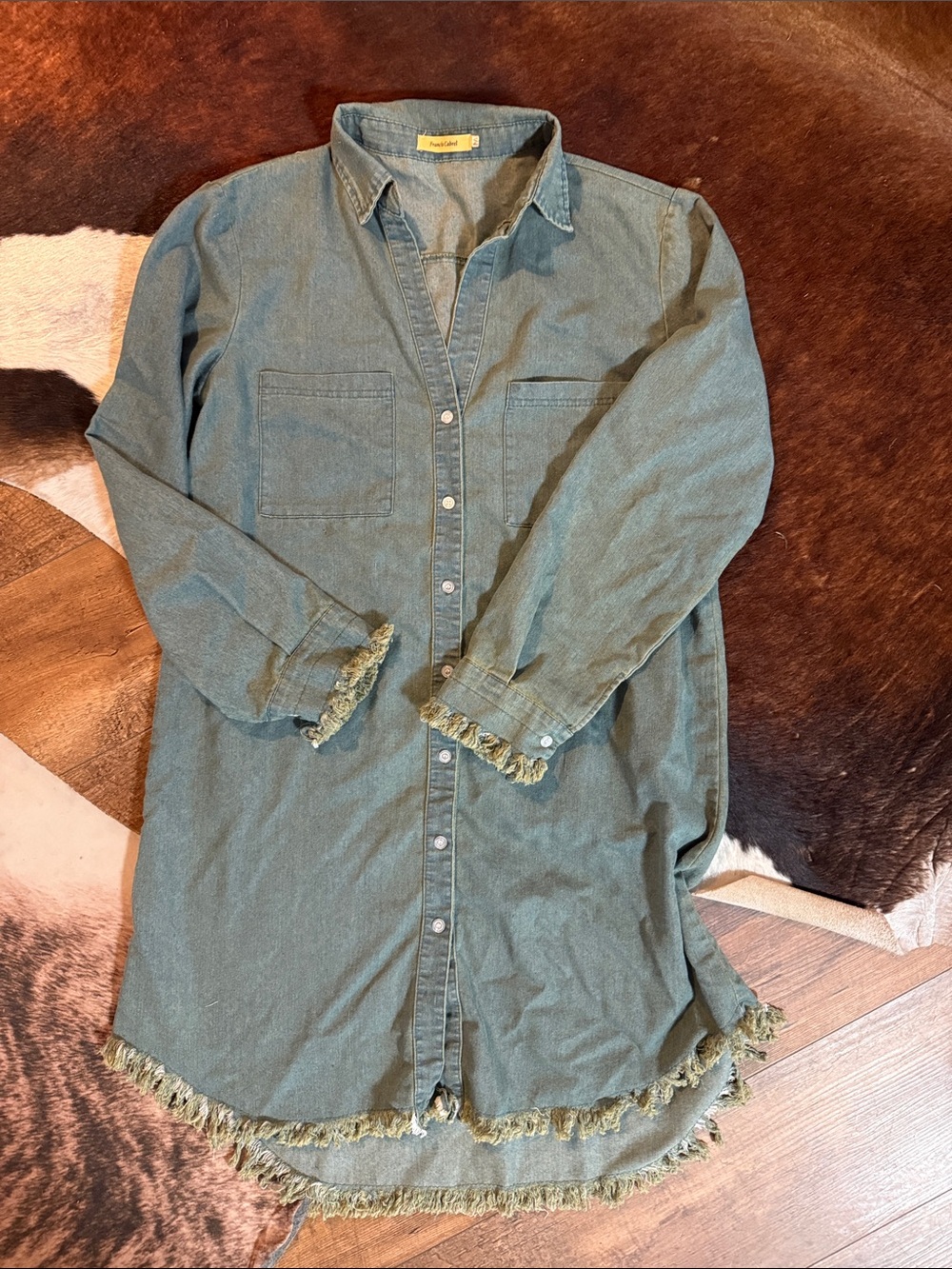 Frayed Hem Olive Button-Front Shirt Dress